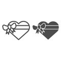 Heart gift box with bow line and glyph icon. Love present vector illustration isolated on white. Valentine gift outline