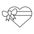 Heart gift box with bow thin line icon. Love present vector illustration isolated on white. Valentine gift outline style
