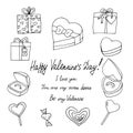 Heart gift, candy, box with ring and lettering happy valentines day, i love you, be my valentine. set icon, sticker. sketch hand Royalty Free Stock Photo