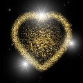 Heart with glitter confetti on black background. Gold sparkles heart. Magic star dust. Glow luxury golden background. Valentines