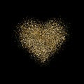 Heart with glitter confetti on black background. Gold sparkles heart. Magic star dust. Glow luxury golden background