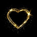 Heart with gold light. Glitter golden heart frame with space for text. Happy Valentines Day card with glowing heart. Bright