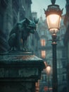 In the heart of a Gothic city, a gargoyle watches silently, illuminated by the flickering light of old street lamps