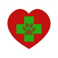 Heart with green cross and paw print veterinary icon. Royalty Free Stock Photo
