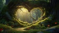 Heart green moss forest background. Fantasy Enchanted Heart-shaped mossy branches in Mystical Whimsical forest. Magical Royalty Free Stock Photo