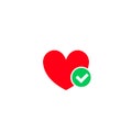 Heart and green tick checkmark vector icon