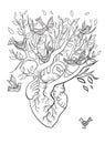 Heart growing a tree and birds. Monochrome line-art illustration.