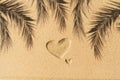 Heart hand-drawn, palm tree branch shadow on sand tropical beach. valentines day. Beach holiday concept, travel, summer. Flat lay. Royalty Free Stock Photo