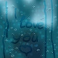 Heart hand drawn on window covered with rain drops and couple covered with umbrella as background.