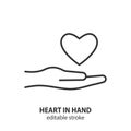 Heart in hand line icon. Heart health care vector symbol. Love and insurance sign. Editable stroke Royalty Free Stock Photo