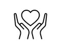 Heart in hand line icon, outline vector sign, linear pictogram isolated on white. Health, love and relationship symbol Royalty Free Stock Photo