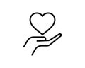 Heart in hand line icon, outline vector sign, linear pictogram isolated on white. Health, love and relationship symbol Royalty Free Stock Photo