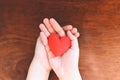 Heart in hand for philanthropy concept - woman holding red heart on hands for valentines day or donate help give love warmth take