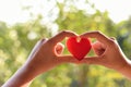 Heart in hand for philanthropy concept - woman holding red heart in hands for valentines day or donate help give love warmth take