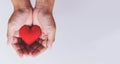 Heart on hand for philanthropy / woman holding red heart in hands for valentines day or donate help give love warmth take care Royalty Free Stock Photo