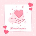 Heart on hand valentine card love text icon vector