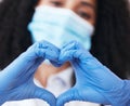 Heart, hands and doctor at hospital with thank you, support and hope for medical recovery closeup. Zoom, love and Royalty Free Stock Photo