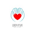 Heart in the hands. Health, charity logo or label. Vector illustration