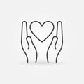 Heart in hands linear icon - vector donation sign