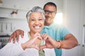 Heart hands, love and smile with portrait of old couple for support, happy and relax. Happiness, kindness and peace with
