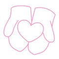 Heart in hands in mittens, line art illustration. Stroke, outline print. Gifts for Valentine Day, Mothers Day, Birthday