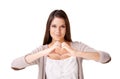 Heart hands, portrait and woman in studio with support, hope or kindness icon on white background. Love, emoji and face Royalty Free Stock Photo