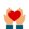 Heart in hands. Symbol of charity, mercy, love, goodness and hope. Vector illustration in flat style