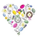 Heart with Happy Easter theme doodle symbols and spring flowers. Hand drawn and colored sketch elements. Royalty Free Stock Photo