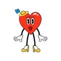 Heart in a hat with face. Trendy retro cartoon stickers. ÃÂ¡omic character with gloved hands and boots