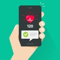 Heart health check test on mobile phone app tracker person hand vector, smartphone and man heartbeat good pulse