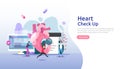 Heart health, disease, cardiology concept with character. hypertension symptoms & cholesterol blood pressure measurement. Medical