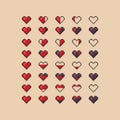 Heart health indicator vector pixel art icon set - full, half, empty live energy bar for arcade game design 8 bit