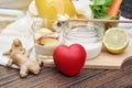 Heart and Healthy food, Kefir milk, yogurt, fresh fruit and organic vegetable, Probiotic nutrition drink for good balance.