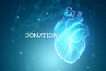 Heart hologram above the palm. Technology concept, donation, online diagnostics. 3D rendering, 3D illustration