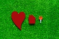 Heart, house, the key to housing on the background of artificial green grass.