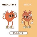 Heart Human Internal Organ Healthy Vs Unhealthy, Medical Anatomic Funny 90s style Retro Cartoon Character. Pair In