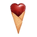 Heart in ice cream waffle cone watercolor. Valentines day, love, ice cream concept