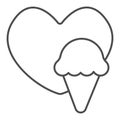 Heart and icecream waffle cone thin line icon, icecream concept, icecream vector sign on white background, heart and