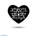 Heart icon. All-seeing eye. A symbol of love. valentine s day. Brick wall. Black as coal. Frame. A lot of soot. Shadow. Exercises