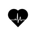 Heart, Icon of human health. Black heart icon with pulse line on white background