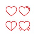Heart icon set. Red lined hearts with love, ribbons