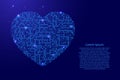 Heart icon symbol of love from printed board, chip and radio component with blue star space on the contour for banner, poster,