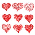 Heart icons hand drawn sketch set for Valentines Day, Mothers Day cards, flyers