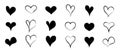 Heart icons. Heart shapes for love. Grunge icons for valentine day. Drawn sketch symbol. Silhouettes for wedding. Romantic set of