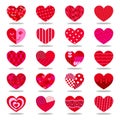Hearts decorated with different designs in shades of red and with shadows on the floor. graphic resource