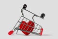 Heart imprisoned in an inverted shopping cart on white background - Concept of love and shopping