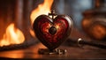 heart of internal fire A steampunk heart on fire. The heart is a magical artifact that is activated by a wooden wand.