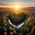 Heart in an island by a forest on a lake, landscape of love and romance for dreamy lovers Royalty Free Stock Photo