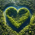 Heart in an island by a forest on a lake, landscape of love and romance for dreamy lovers Royalty Free Stock Photo