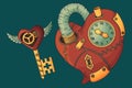 Heart and key in the style of steampunk. Isolated image on turquoise background Royalty Free Stock Photo